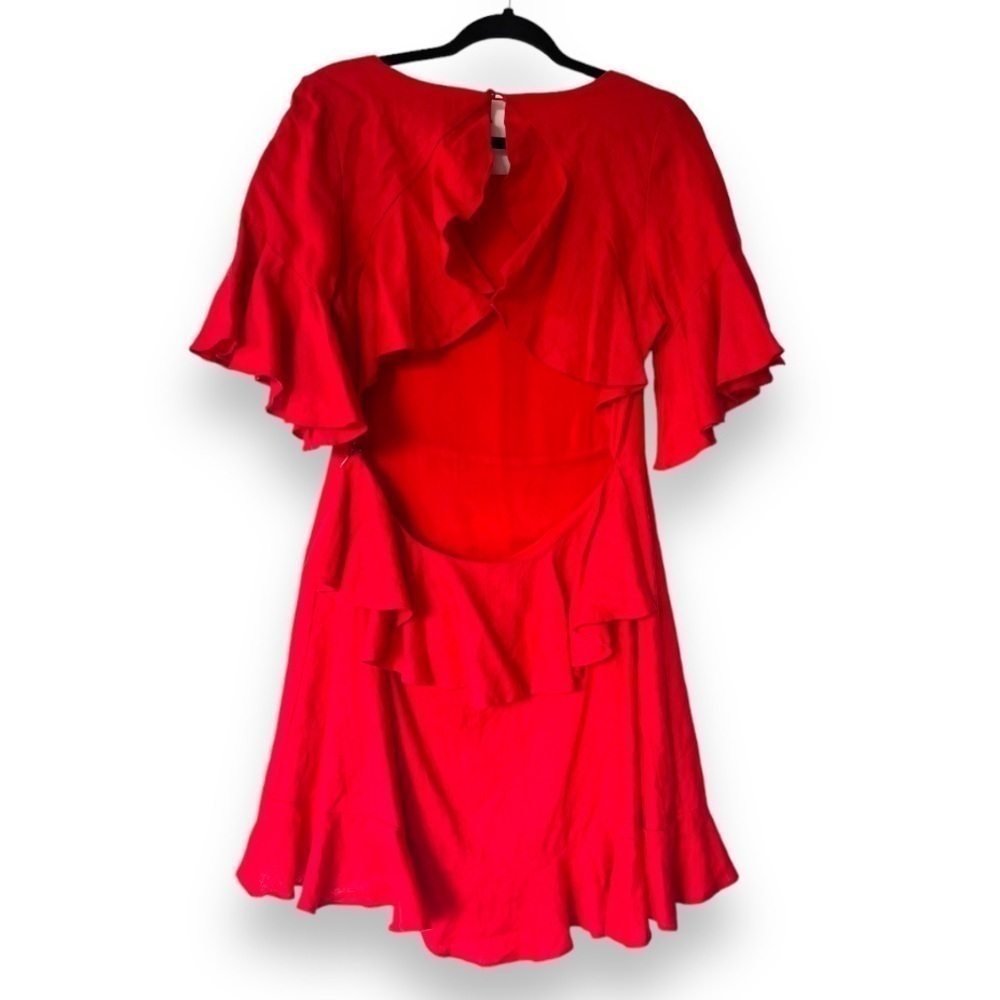 MLM Label Red 100% Linen Open Back Ruffled Flutter Sleeve Mini Dress - Picture 2 of 5